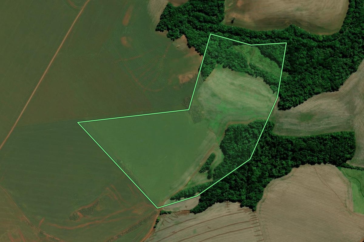 Imagem de satélite do imóvel rural em Santa Bárbara do Sul (RS), com o contorno declarado no CAR desenhado por cima.