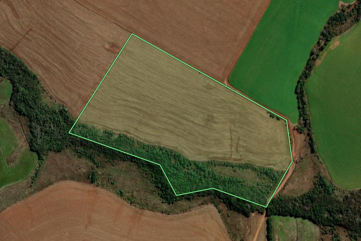 Imagem de satélite do imóvel rural em Santa Bárbara do Sul (RS), com o contorno declarado no CAR desenhado por cima.
