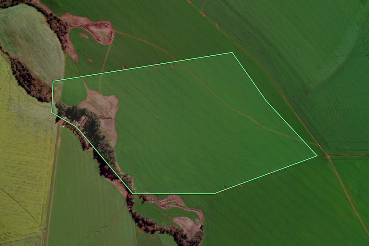 Imagem de satélite do imóvel rural em Santa Bárbara do Sul (RS), com o contorno declarado no CAR desenhado por cima.
