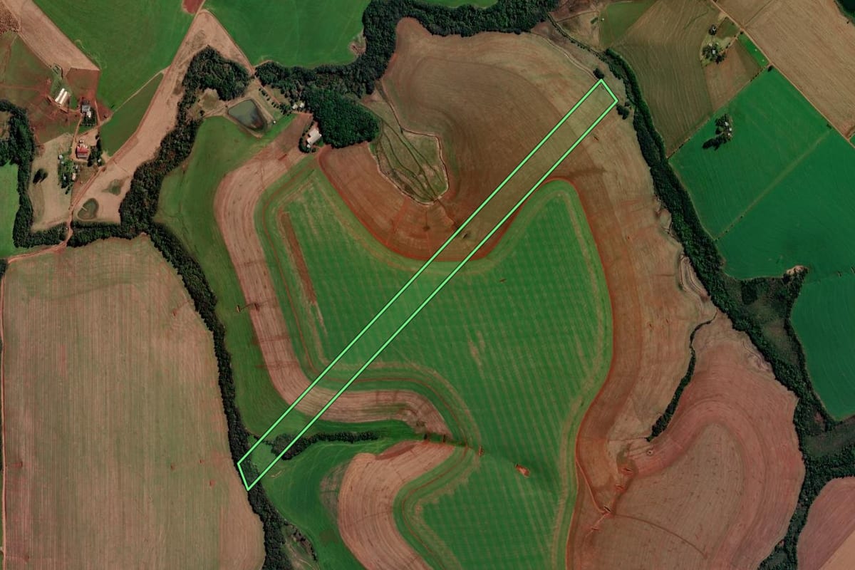 Imagem de satélite do imóvel rural em Santa Bárbara do Sul (RS), com o contorno declarado no CAR desenhado por cima.