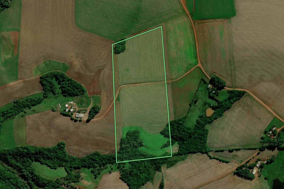 Imagem de satélite do imóvel rural em Santa Bárbara do Sul (RS), com o contorno declarado no CAR desenhado por cima.