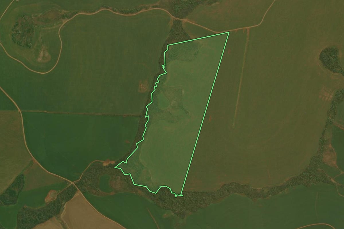 Imagem de satélite do imóvel rural em Santa Bárbara do Sul (RS), com o contorno declarado no CAR desenhado por cima.