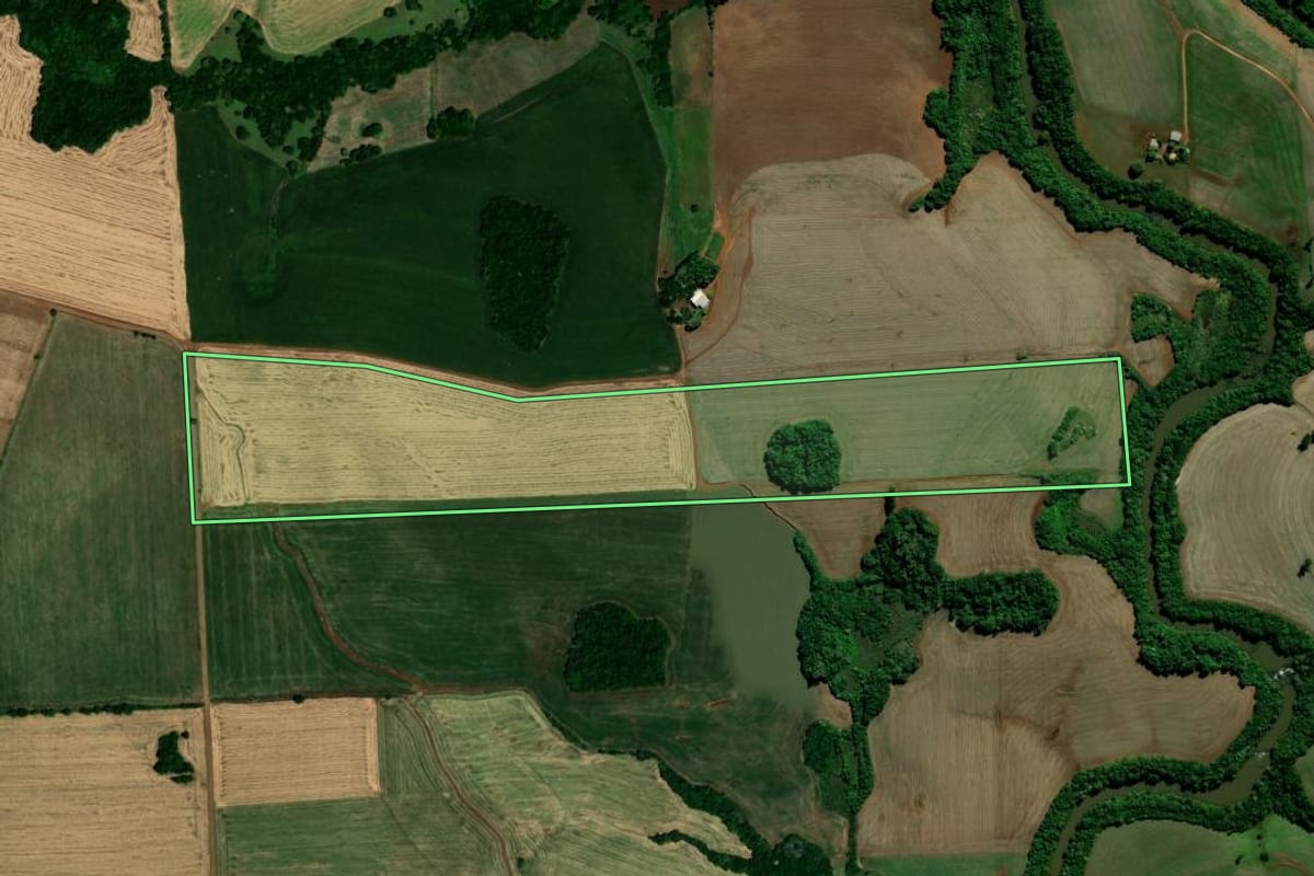 Imagem de satélite do imóvel rural em Santa Bárbara do Sul (RS), com o contorno declarado no CAR desenhado por cima.