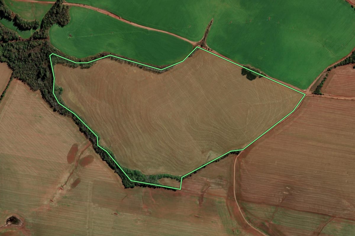 Imagem de satélite do imóvel rural em Santa Bárbara do Sul (RS), com o contorno declarado no CAR desenhado por cima.