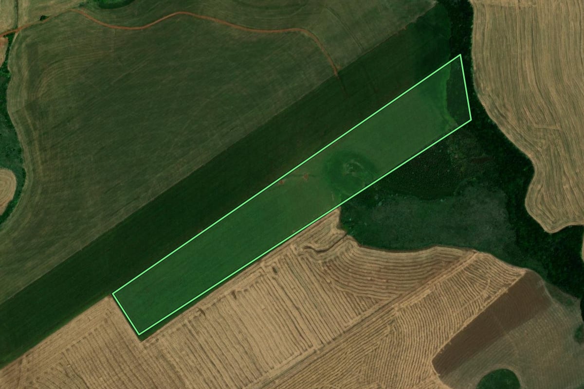 Imagem de satélite do imóvel rural em Santa Bárbara do Sul (RS), com o contorno declarado no CAR desenhado por cima.