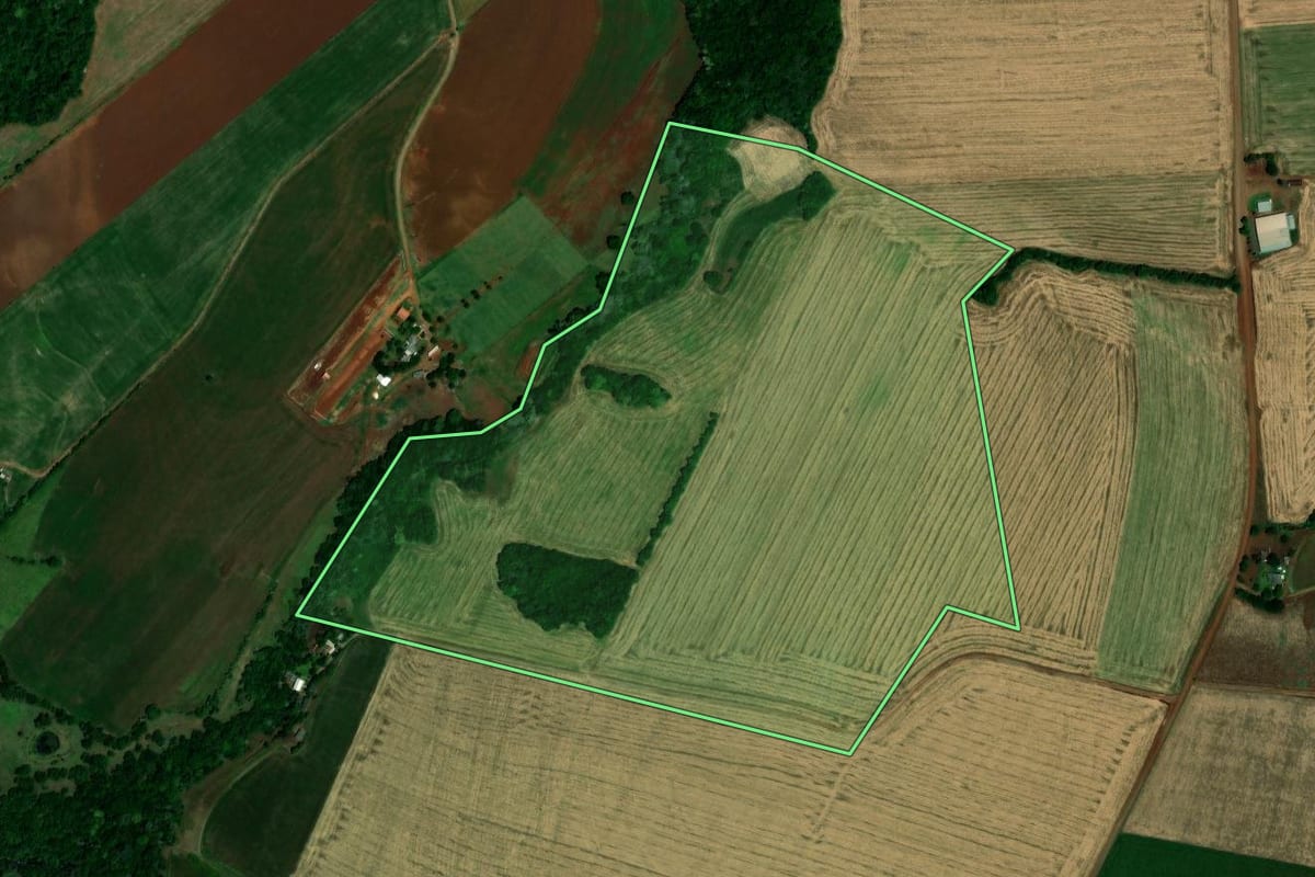 Imagem de satélite do imóvel rural em Santa Bárbara do Sul (RS), com o contorno declarado no CAR desenhado por cima.