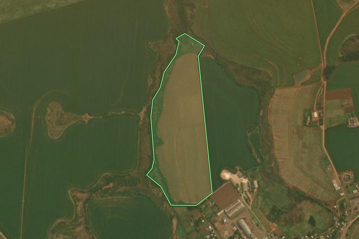 Imagem de satélite do imóvel rural em Santa Bárbara do Sul (RS), com o contorno declarado no CAR desenhado por cima.