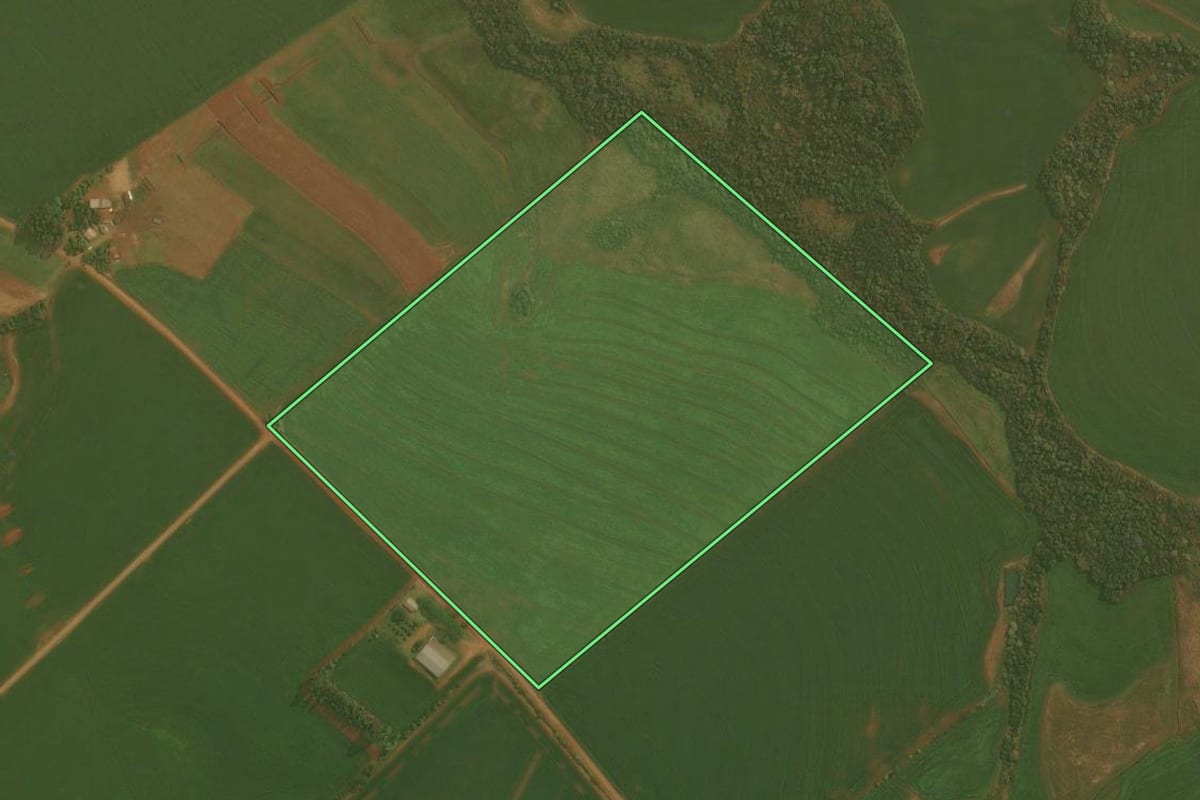 Imagem de satélite do imóvel rural em Santa Bárbara do Sul (RS), com o contorno declarado no CAR desenhado por cima.