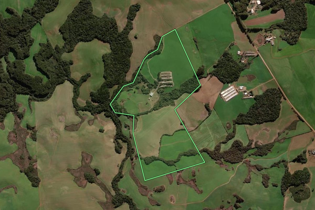 Imagem de satélite do imóvel rural em Santa Cecília do Sul (RS), com o contorno declarado no CAR desenhado por cima.
