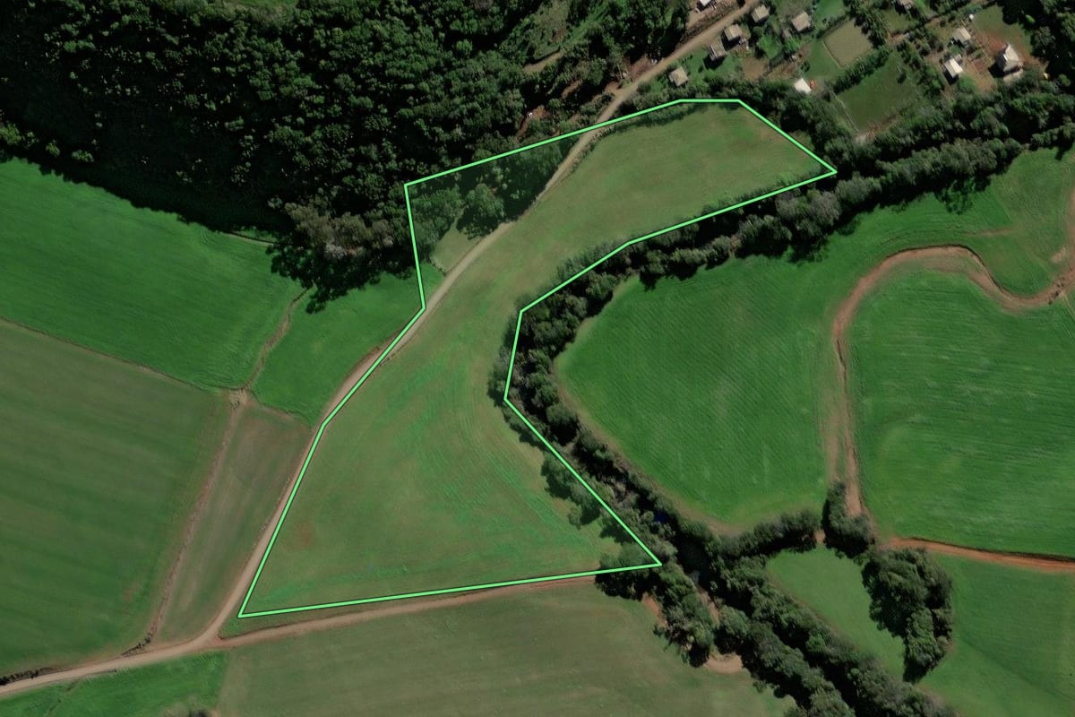 Imagem de satélite do imóvel rural em Santa Cecília do Sul (RS), com o contorno declarado no CAR desenhado por cima.