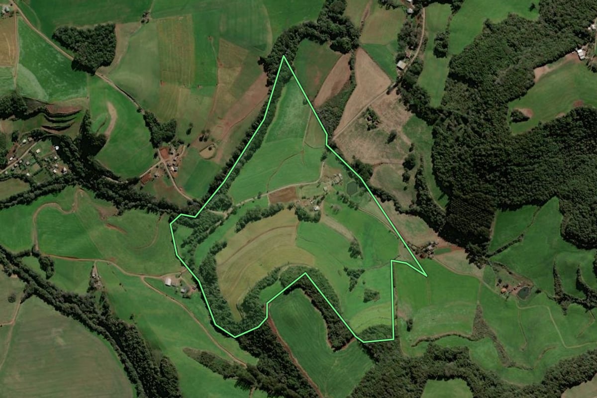 Imagem de satélite do imóvel rural em Santa Cecília do Sul (RS), com o contorno declarado no CAR desenhado por cima.