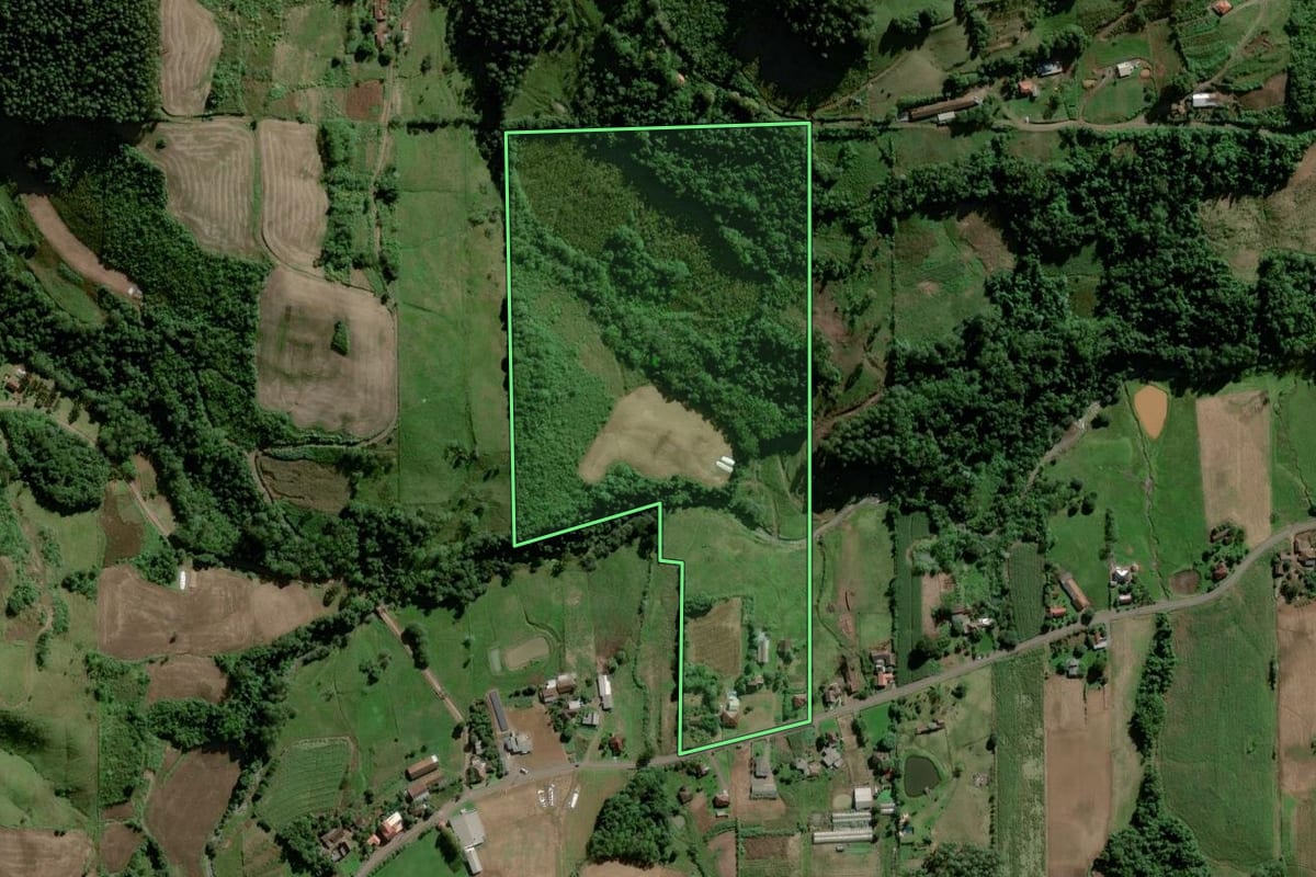 Imagem de satélite do imóvel rural em Santa Clara do Sul (RS), com o contorno declarado no CAR desenhado por cima.