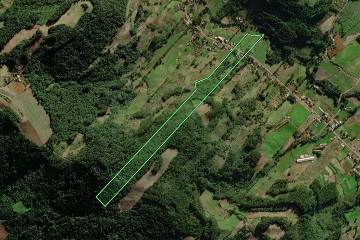 Imagem de satélite do imóvel rural em Santa Clara do Sul (RS), com o contorno declarado no CAR desenhado por cima.