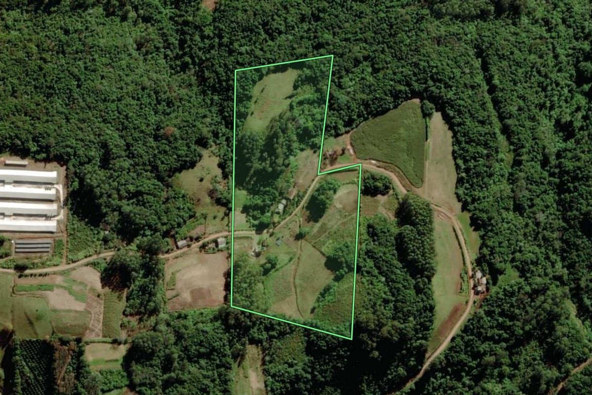 Imagem de satélite do imóvel rural em Santa Clara do Sul (RS), com o contorno declarado no CAR desenhado por cima.