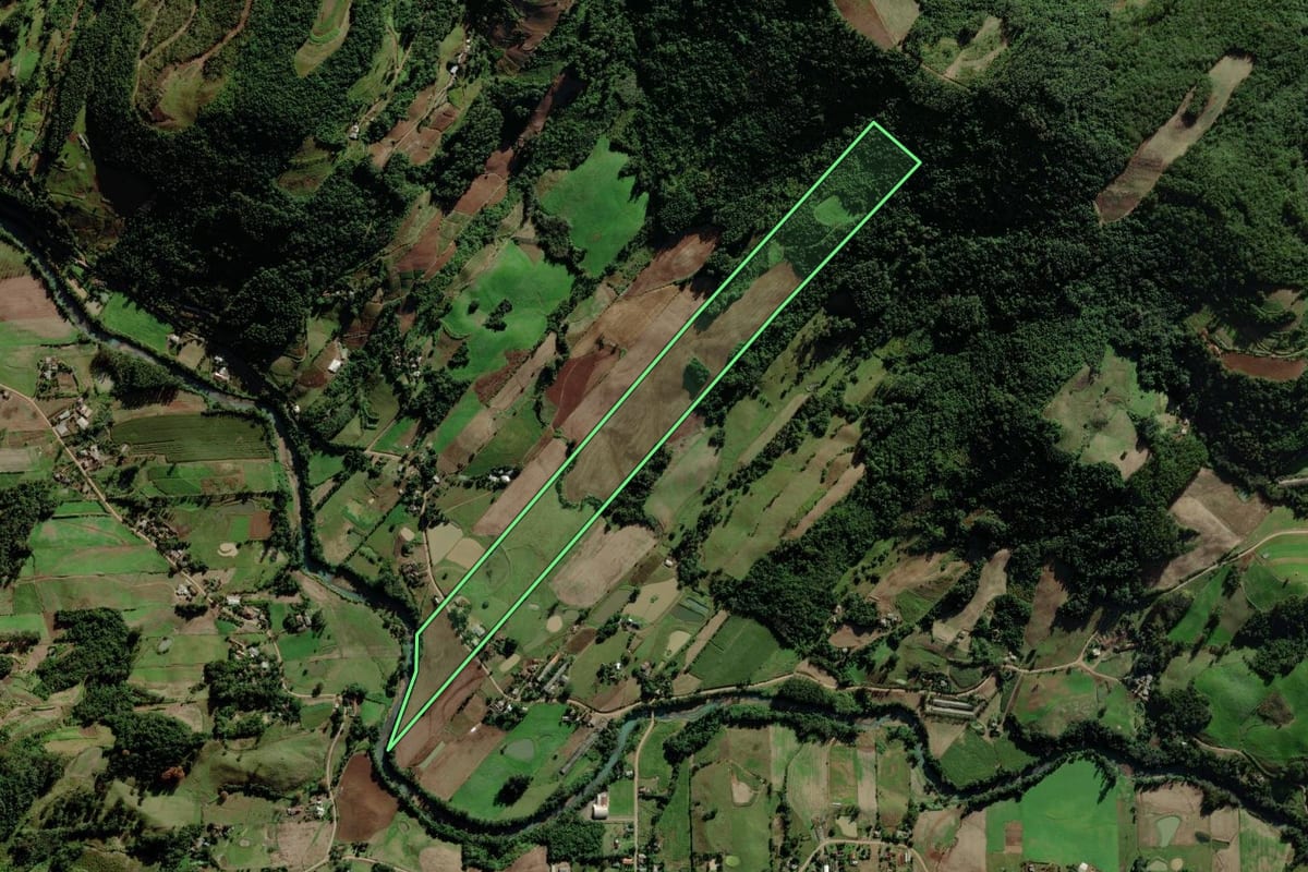 Imagem de satélite do imóvel rural em Santa Clara do Sul (RS), com o contorno declarado no CAR desenhado por cima.