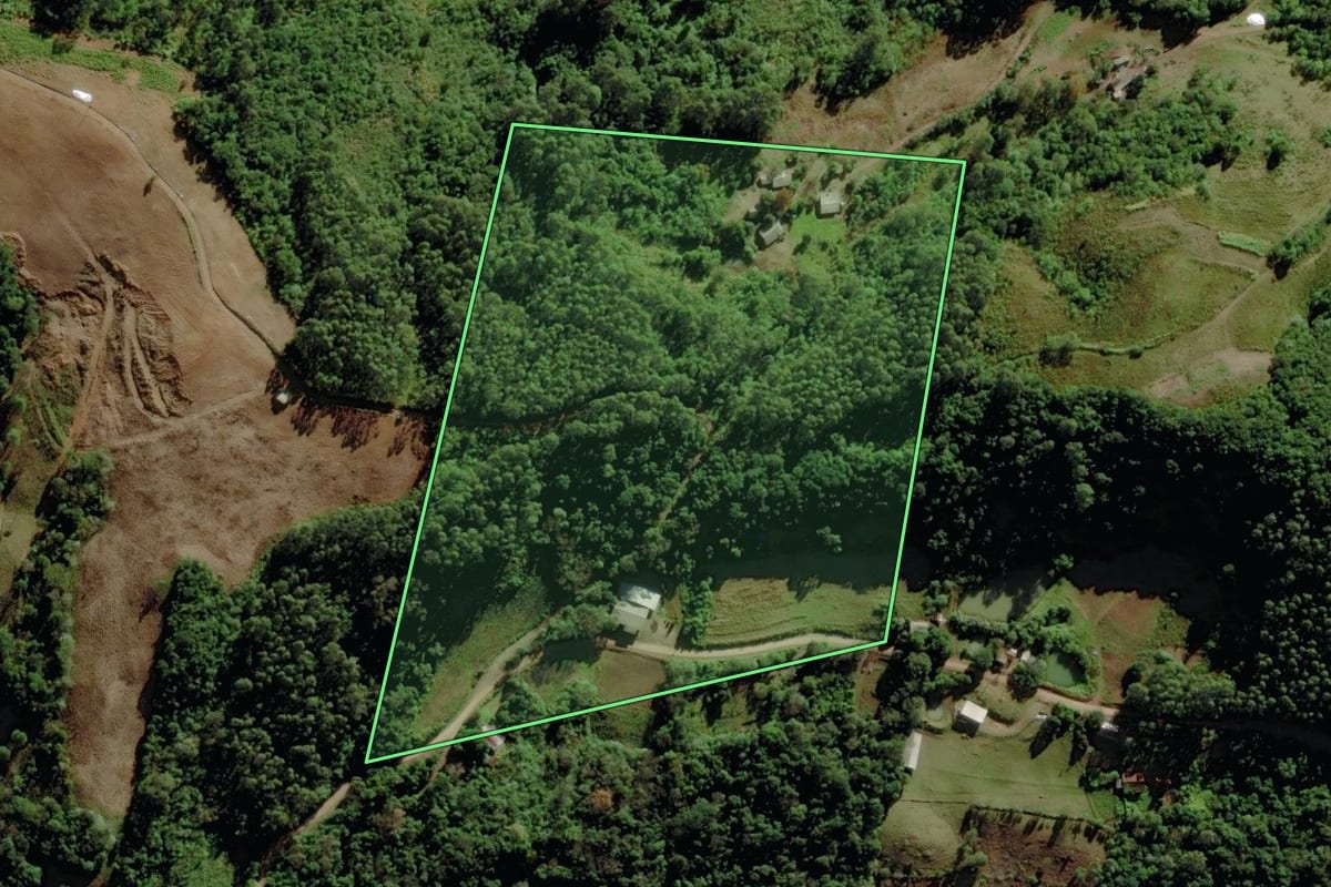 Imagem de satélite do imóvel rural em Santa Clara do Sul (RS), com o contorno declarado no CAR desenhado por cima.