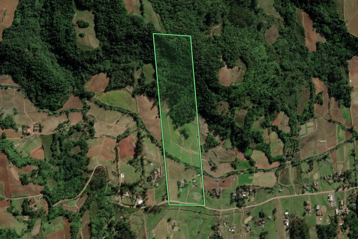 Imagem de satélite do imóvel rural em Santa Cruz do Sul (RS), com o contorno declarado no CAR desenhado por cima.