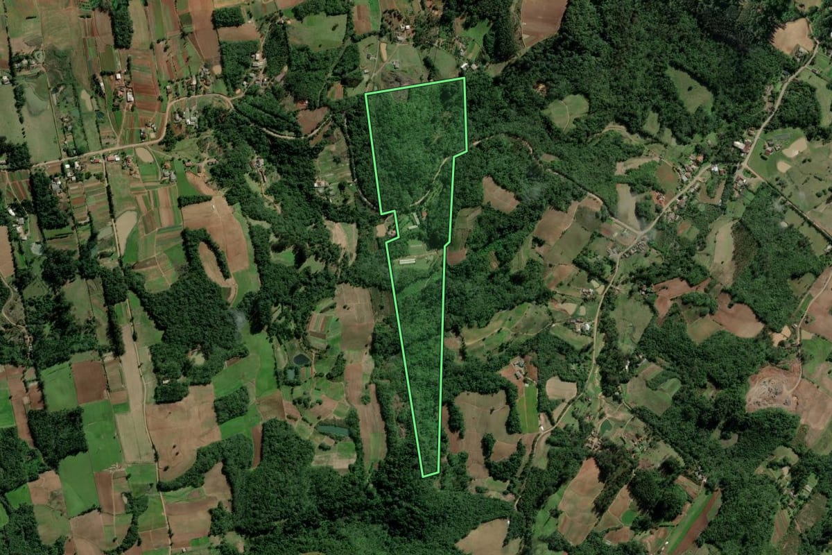 Imagem de satélite do imóvel rural em Santa Cruz do Sul (RS), com o contorno declarado no CAR desenhado por cima.