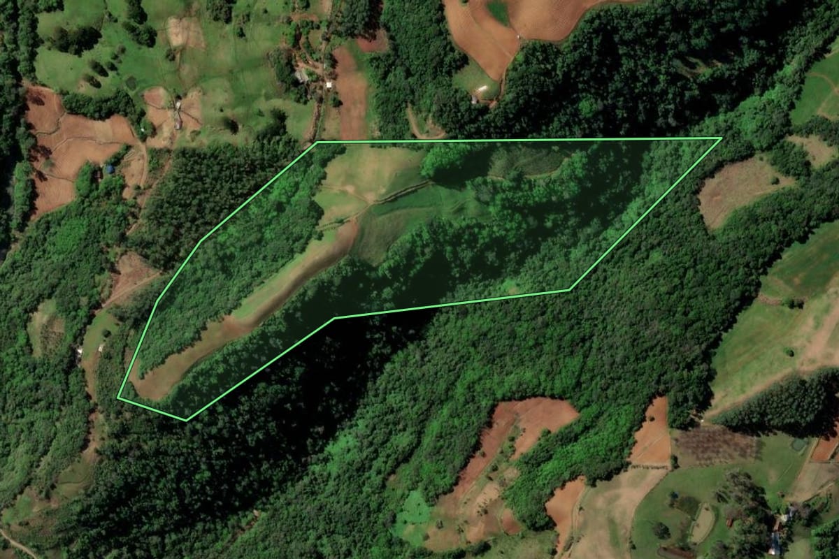 Imagem de satélite do imóvel rural em Santa Cruz do Sul (RS), com o contorno declarado no CAR desenhado por cima.