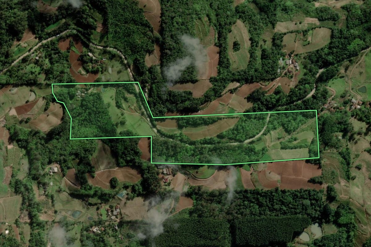 Imagem de satélite do imóvel rural em Santa Cruz do Sul (RS), com o contorno declarado no CAR desenhado por cima.
