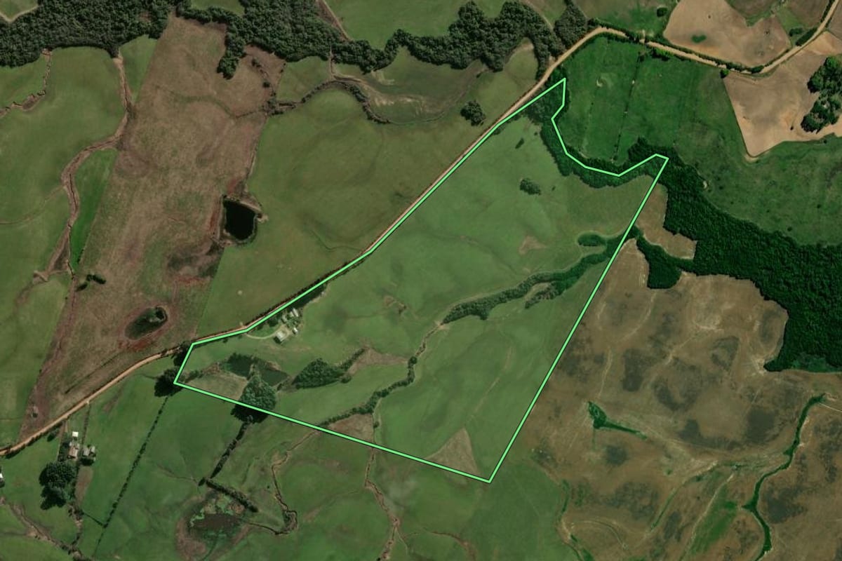 Imagem de satélite do imóvel rural em Santa Maria (RS), com o contorno declarado no CAR desenhado por cima.