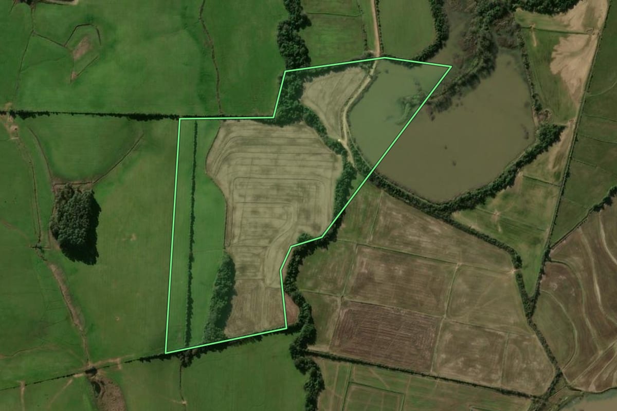 Imagem de satélite do imóvel rural em Santa Maria (RS), com o contorno declarado no CAR desenhado por cima.