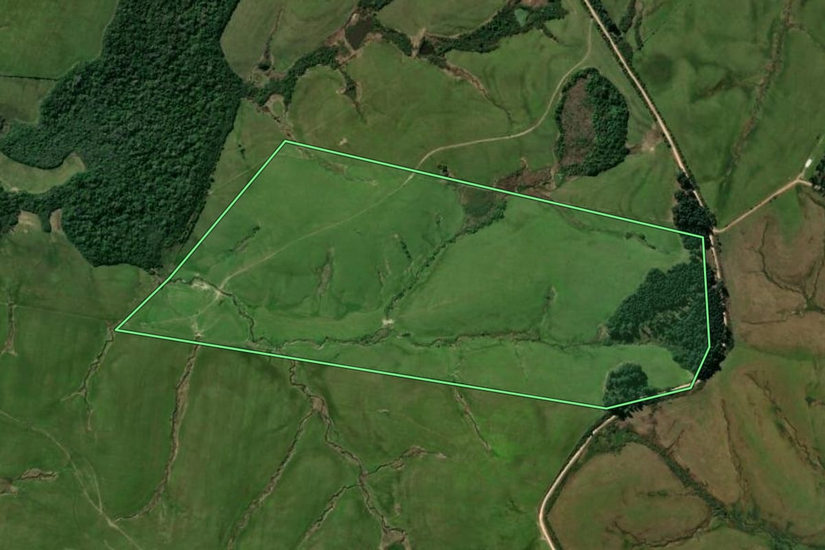 Imagem de satélite do imóvel rural em Santa Maria (RS), com o contorno declarado no CAR desenhado por cima.