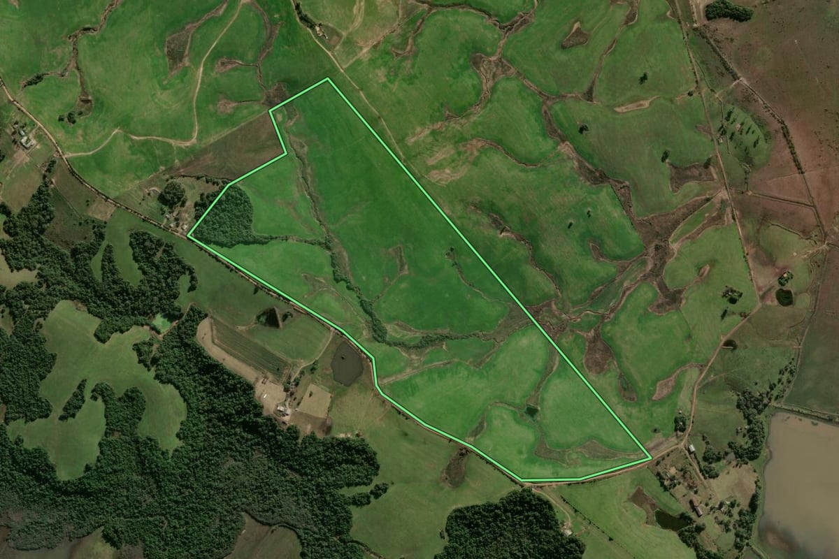 Imagem de satélite do imóvel rural em Santa Maria (RS), com o contorno declarado no CAR desenhado por cima.