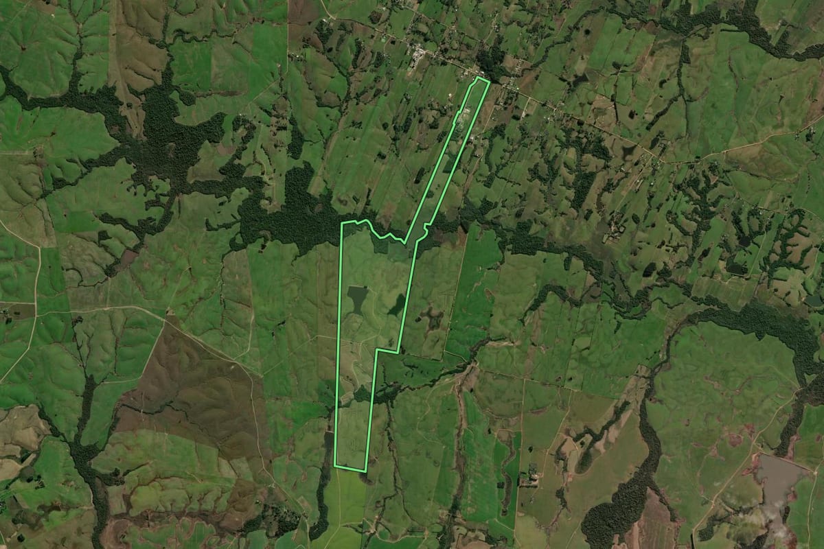 Imagem de satélite do imóvel rural em Santa Maria (RS), com o contorno declarado no CAR desenhado por cima.