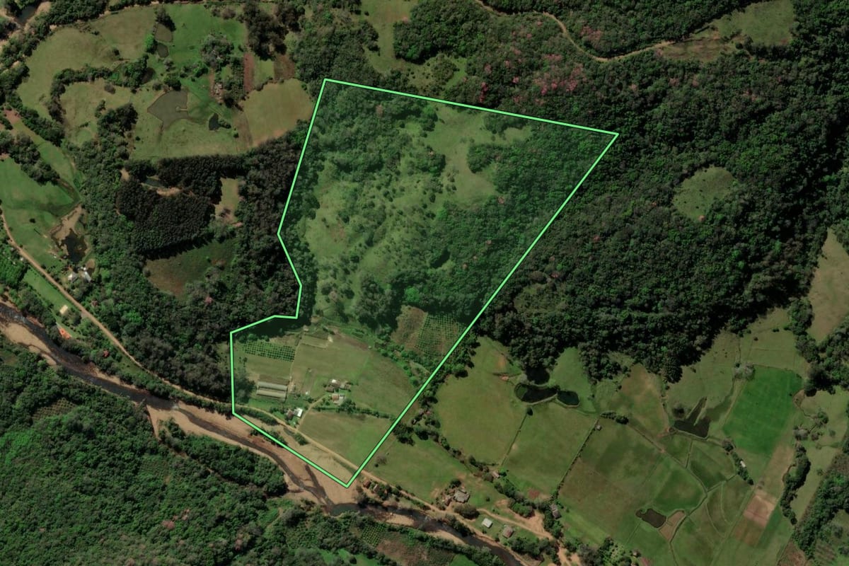 Imagem de satélite do imóvel rural em Santa Maria (RS), com o contorno declarado no CAR desenhado por cima.