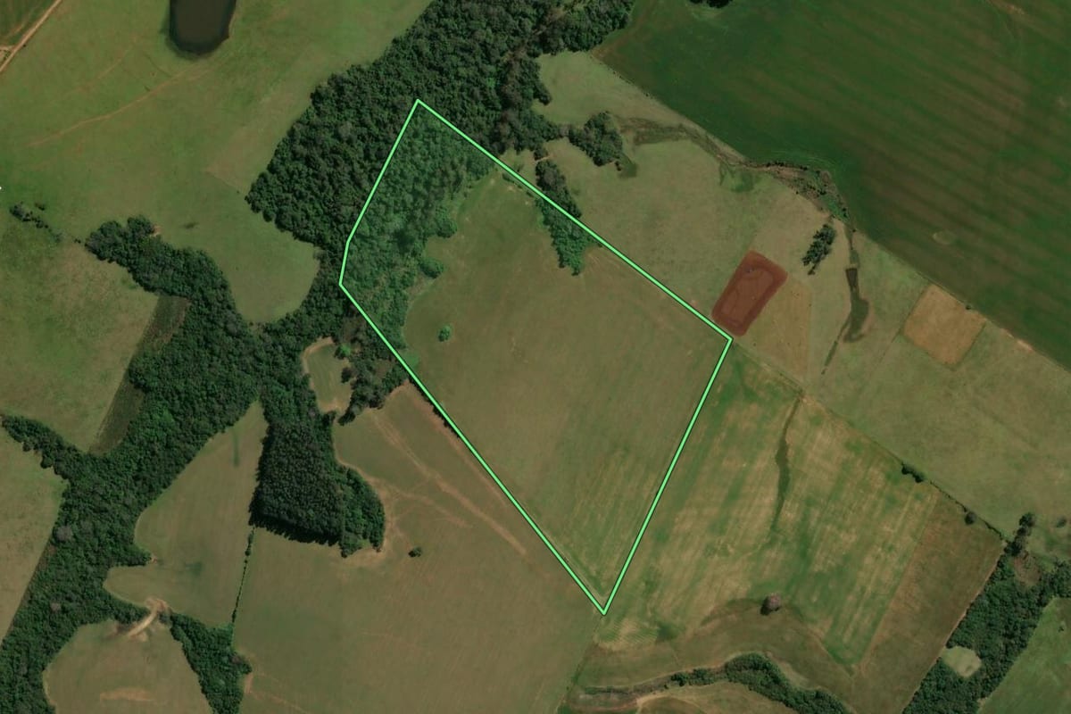 Imagem de satélite do imóvel rural em Santa Maria (RS), com o contorno declarado no CAR desenhado por cima.