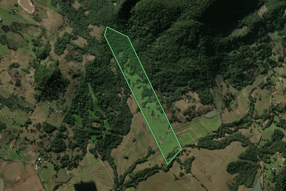Imagem de satélite do imóvel rural em Santa Maria (RS), com o contorno declarado no CAR desenhado por cima.