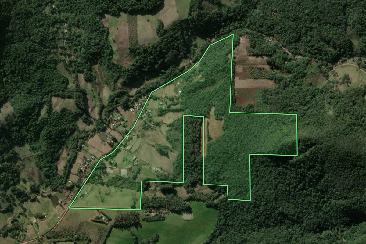 Imagem de satélite do imóvel rural em Santa Maria (RS), com o contorno declarado no CAR desenhado por cima.