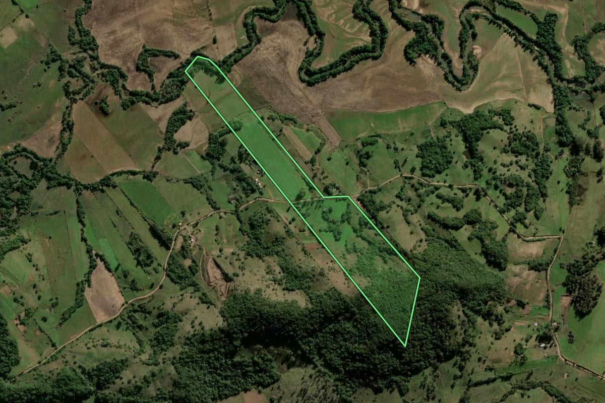 Imagem de satélite do imóvel rural em Santa Maria (RS), com o contorno declarado no CAR desenhado por cima.