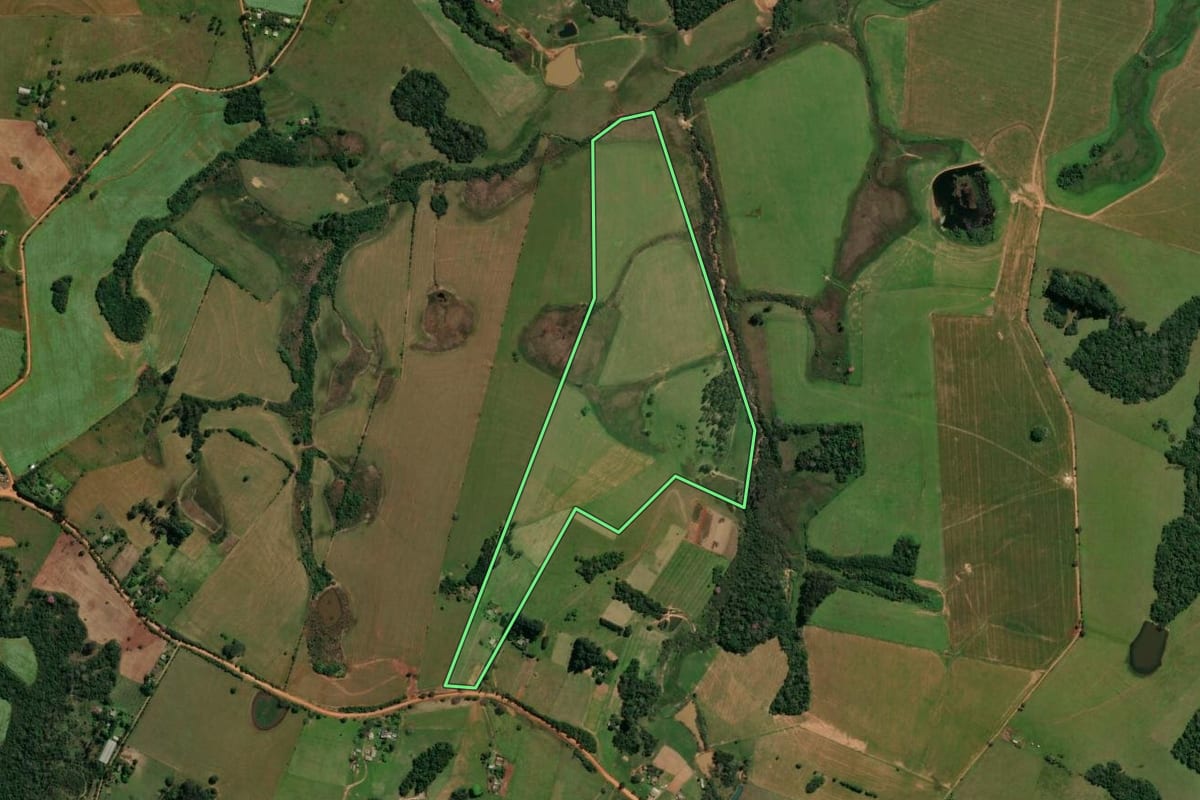 Imagem de satélite do imóvel rural em Santa Maria (RS), com o contorno declarado no CAR desenhado por cima.