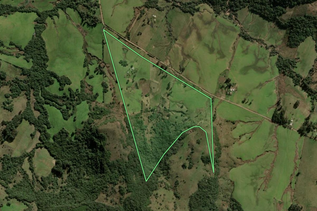 Imagem de satélite do imóvel rural em Santa Maria (RS), com o contorno declarado no CAR desenhado por cima.