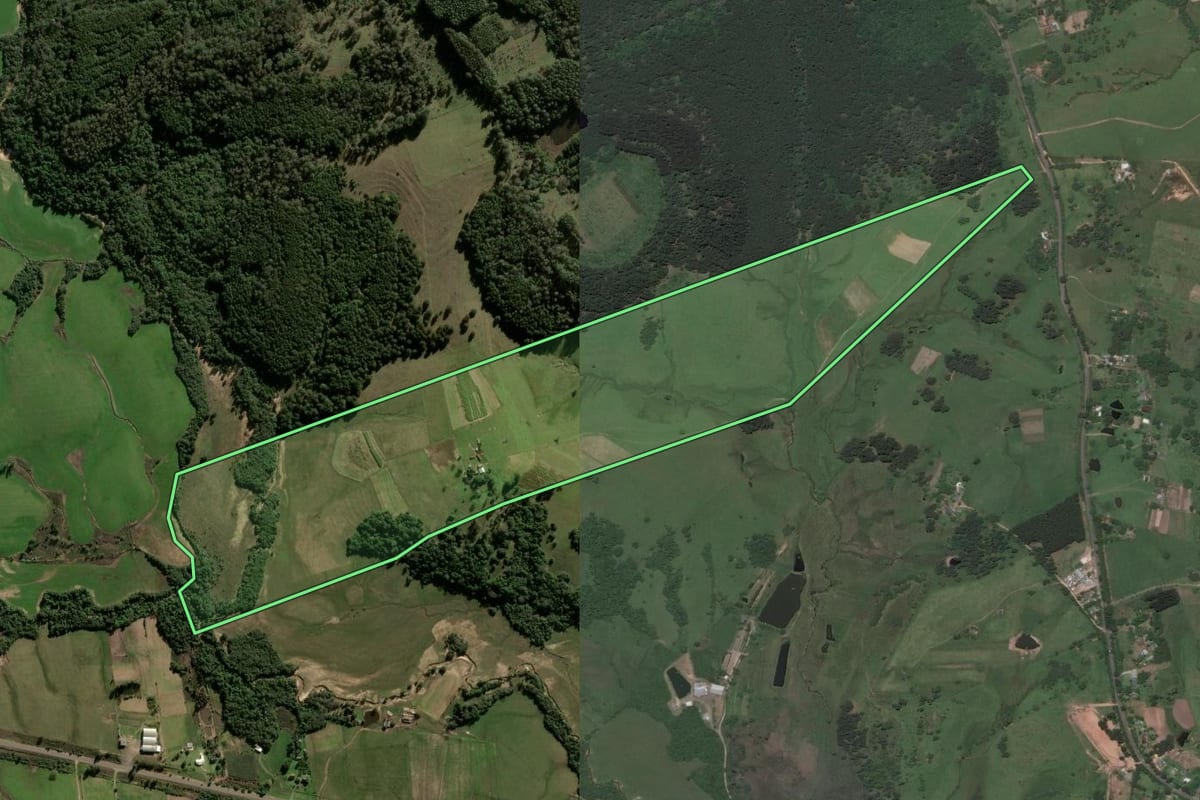 Imagem de satélite do imóvel rural em Santa Maria (RS), com o contorno declarado no CAR desenhado por cima.