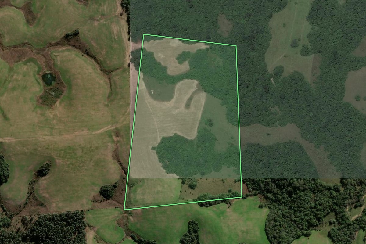 Imagem de satélite do imóvel rural em Santa Maria (RS), com o contorno declarado no CAR desenhado por cima.