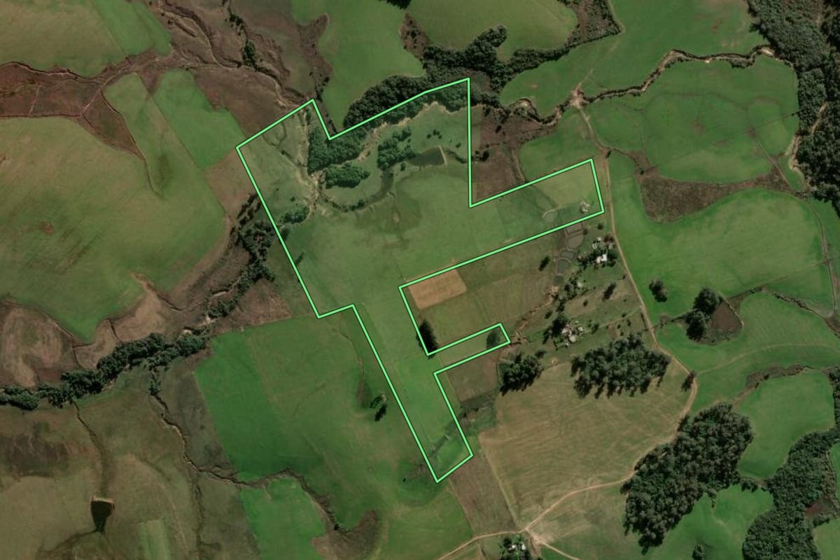 Imagem de satélite do imóvel rural em Santa Maria (RS), com o contorno declarado no CAR desenhado por cima.