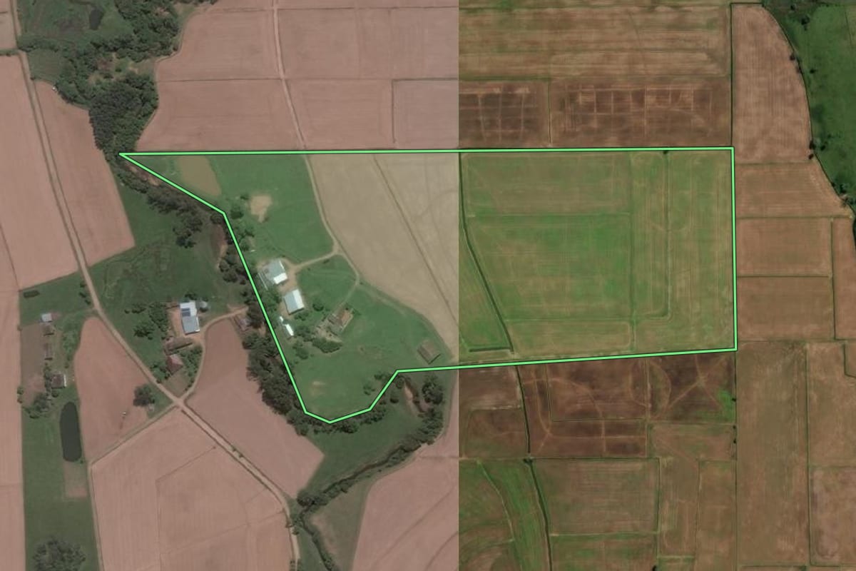 Imagem de satélite do imóvel rural em Santa Maria (RS), com o contorno declarado no CAR desenhado por cima.