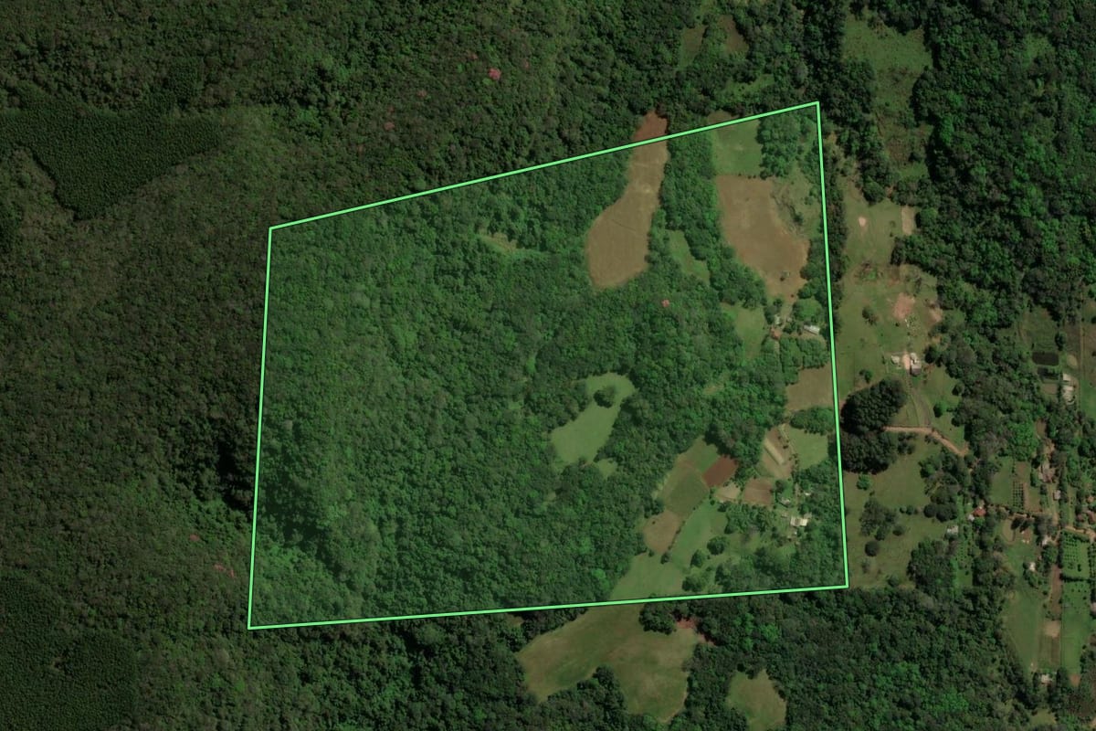 Imagem de satélite do imóvel rural em Santa Maria (RS), com o contorno declarado no CAR desenhado por cima.