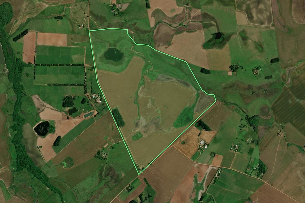 Imagem de satélite do imóvel rural em Santa Maria (RS), com o contorno declarado no CAR desenhado por cima.