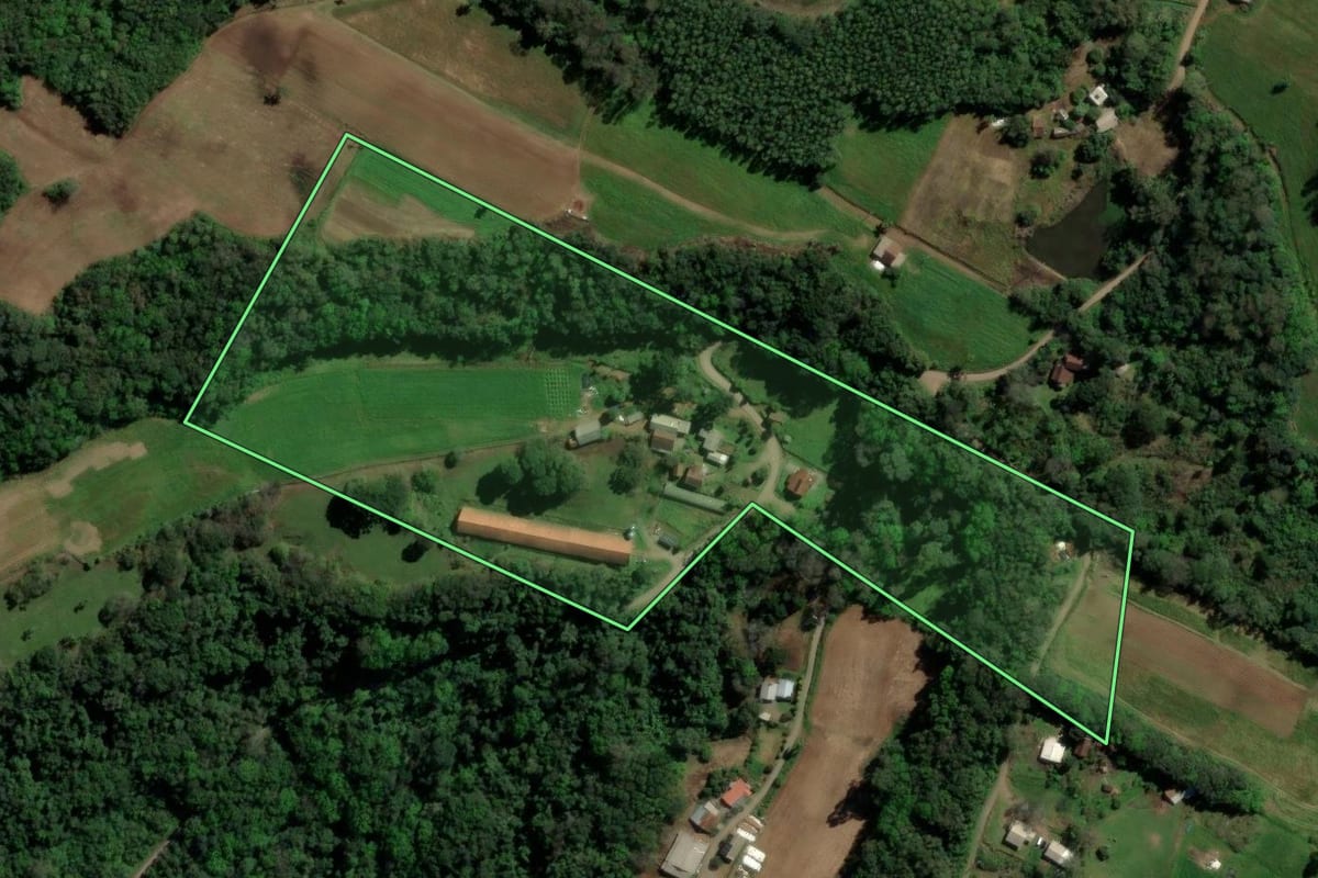 Imagem de satélite do imóvel rural em Santa Maria do Herval (RS), com o contorno declarado no CAR desenhado por cima.
