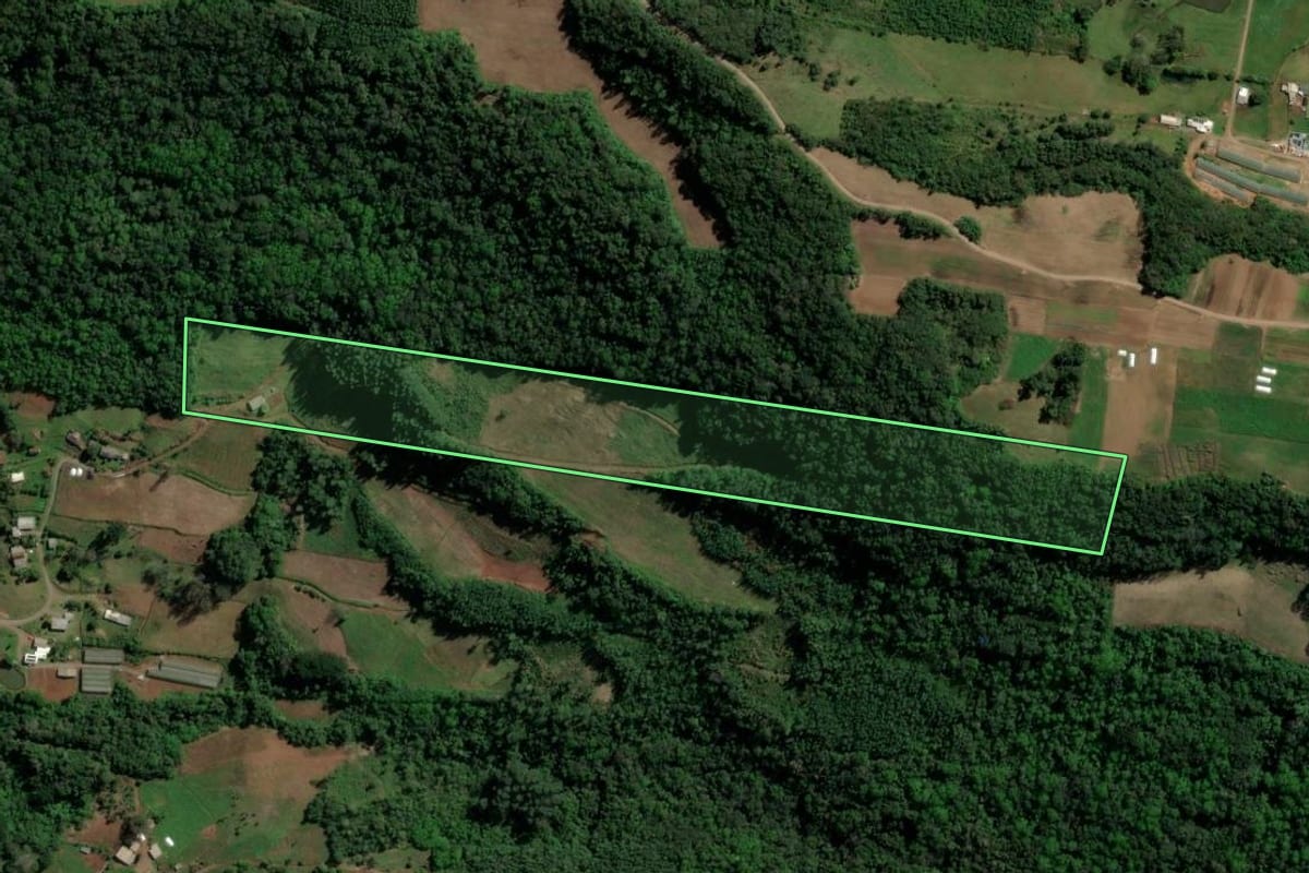 Imagem de satélite do imóvel rural em Santa Maria do Herval (RS), com o contorno declarado no CAR desenhado por cima.