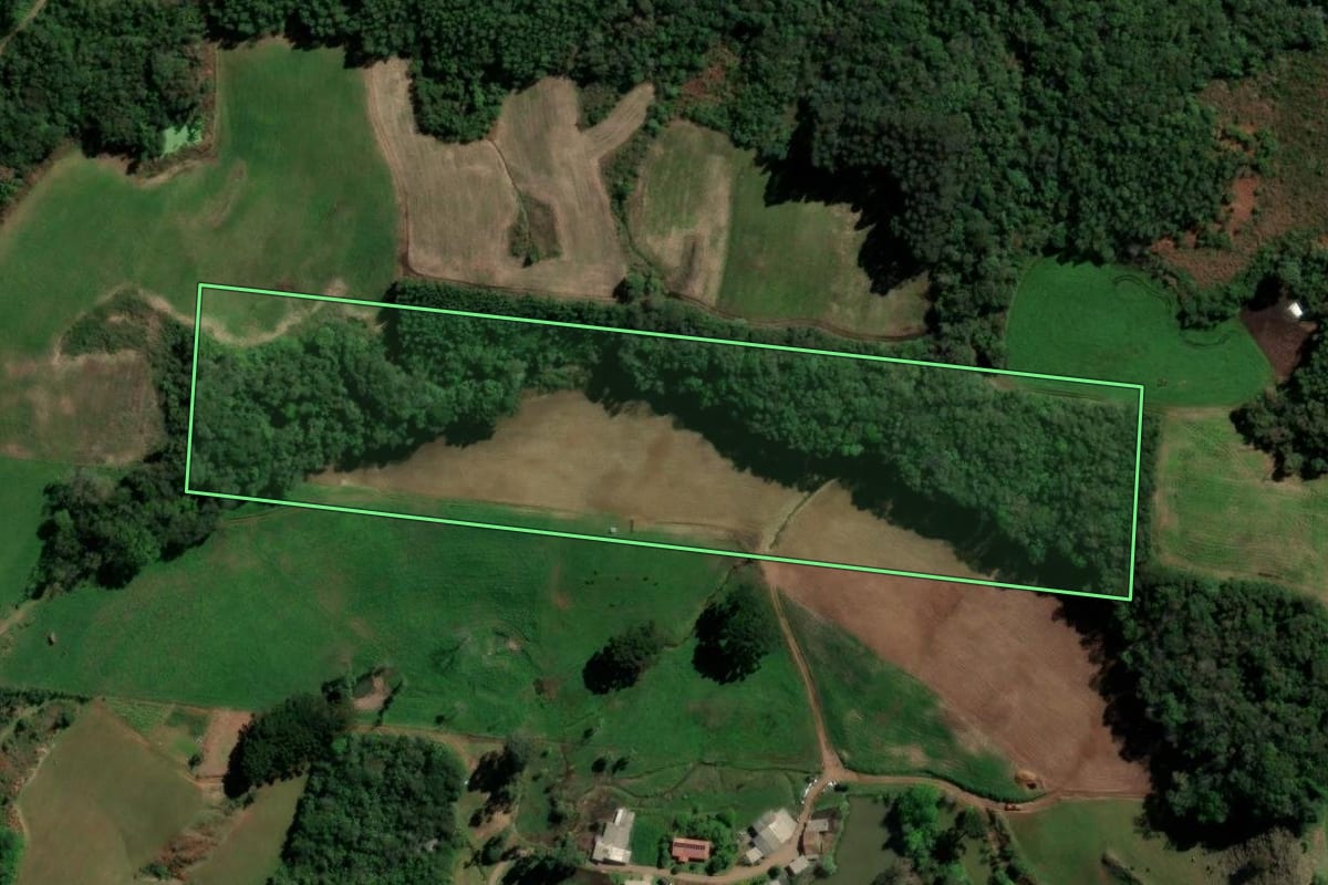 Imagem de satélite do imóvel rural em Santa Maria do Herval (RS), com o contorno declarado no CAR desenhado por cima.