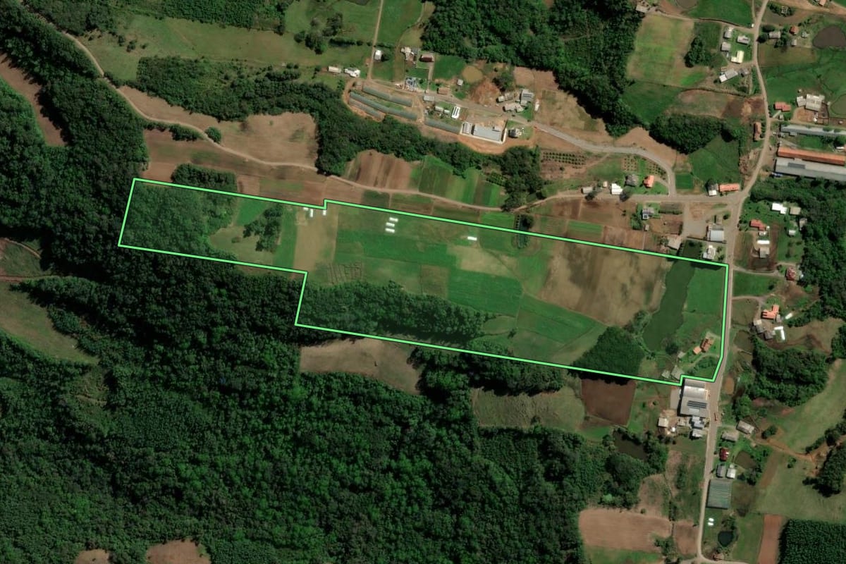 Imagem de satélite do imóvel rural em Santa Maria do Herval (RS), com o contorno declarado no CAR desenhado por cima.