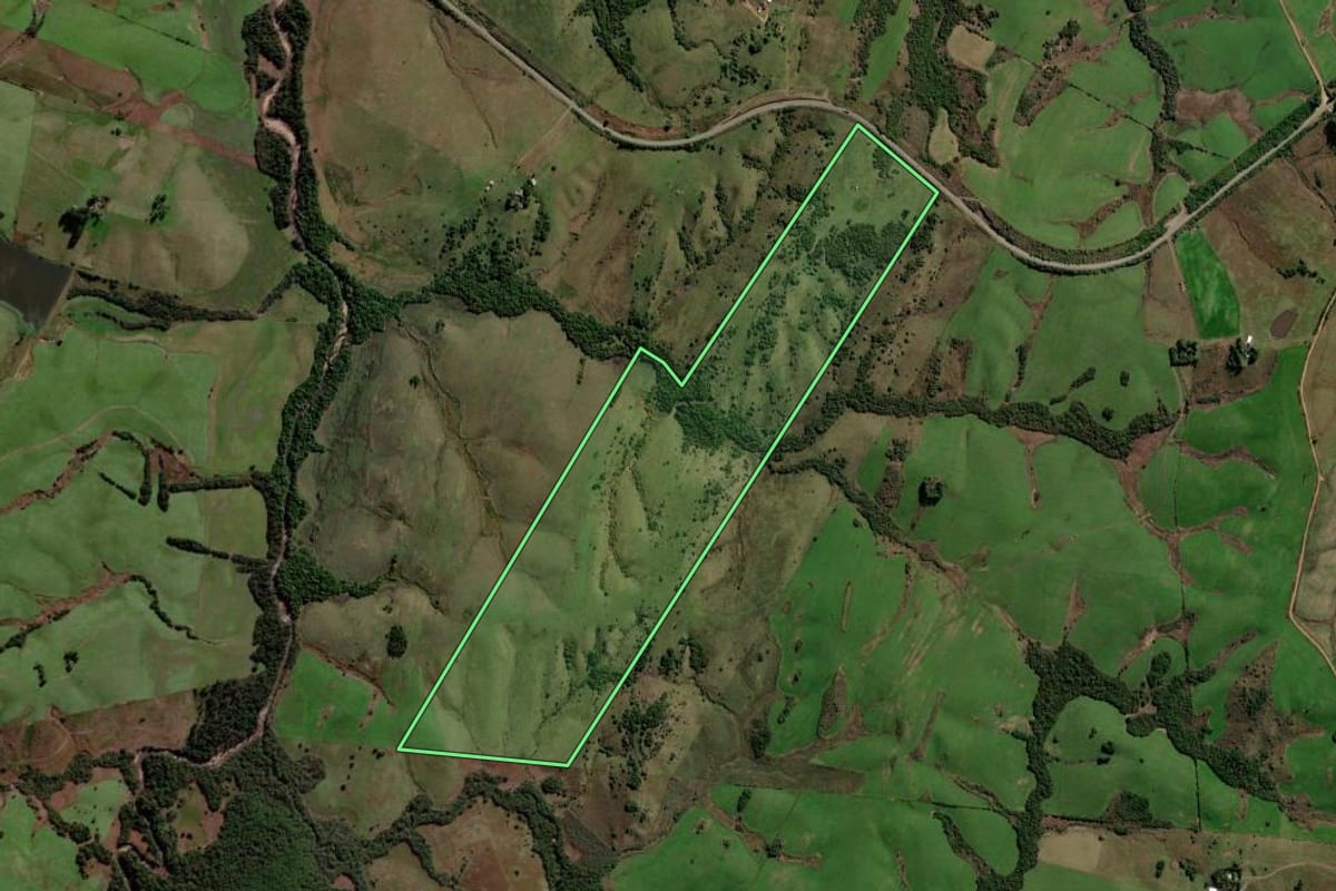 Imagem de satélite do imóvel rural em Santa Margarida do Sul (RS), com o contorno declarado no CAR desenhado por cima.