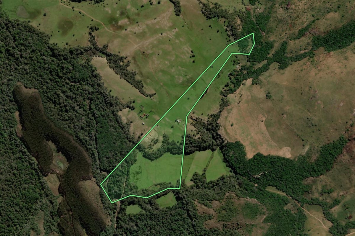 Imagem de satélite do imóvel rural em Santa Margarida do Sul (RS), com o contorno declarado no CAR desenhado por cima.