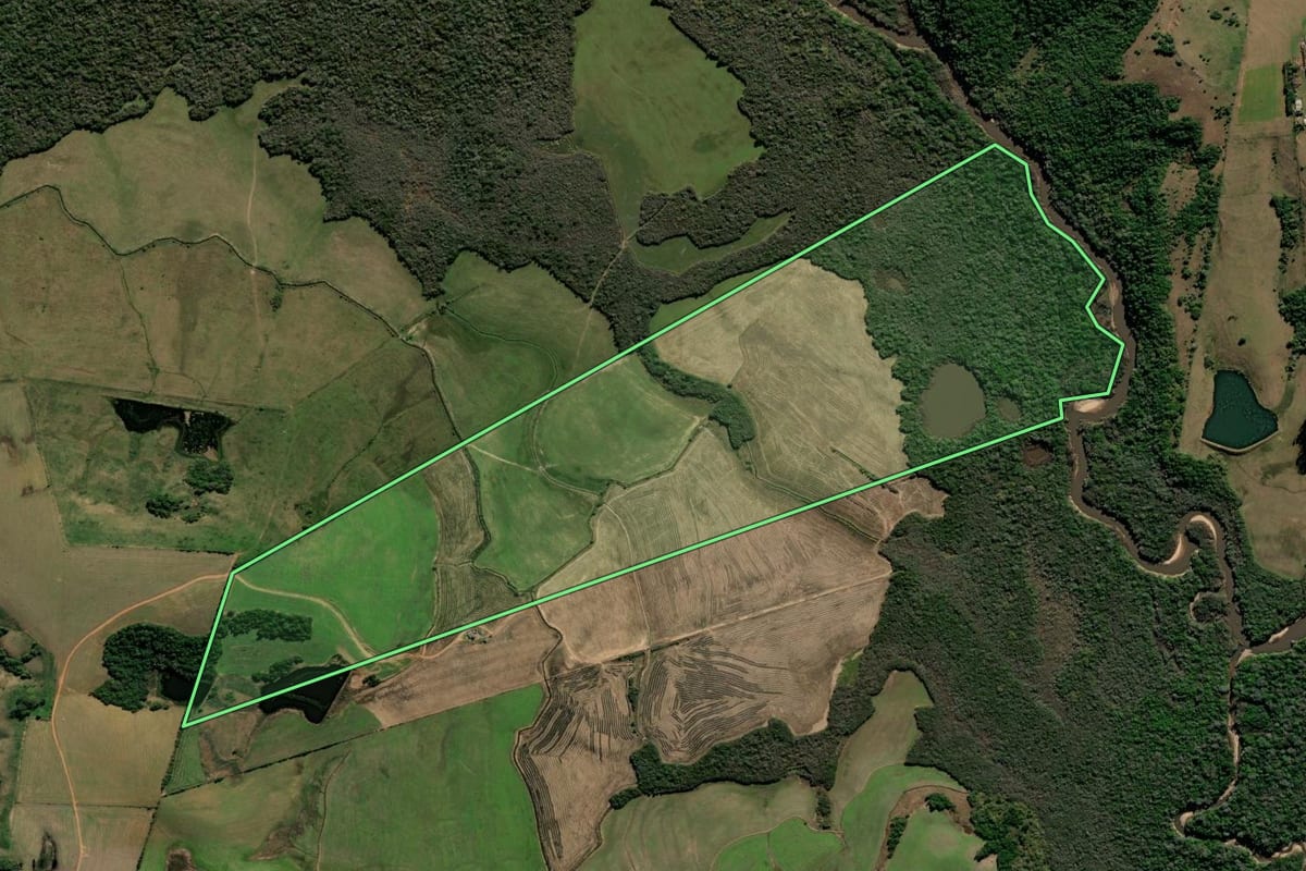 Imagem de satélite do imóvel rural em Santa Margarida do Sul (RS), com o contorno declarado no CAR desenhado por cima.