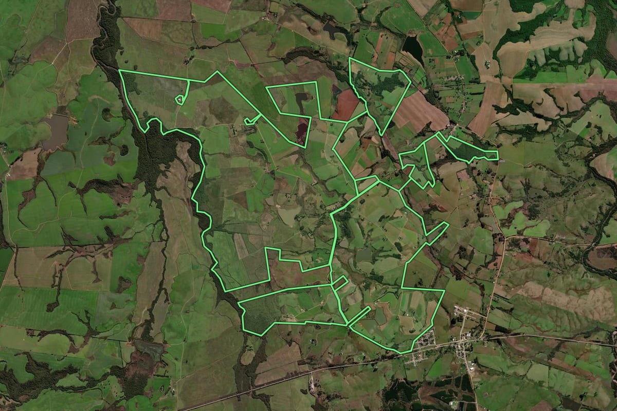 Imagem de satélite do imóvel rural em Santa Margarida do Sul (RS), com o contorno declarado no CAR desenhado por cima.